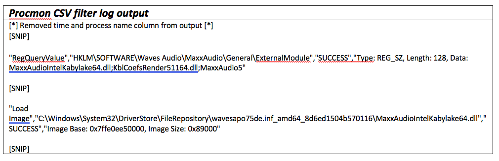 Procmon CSV filter log output