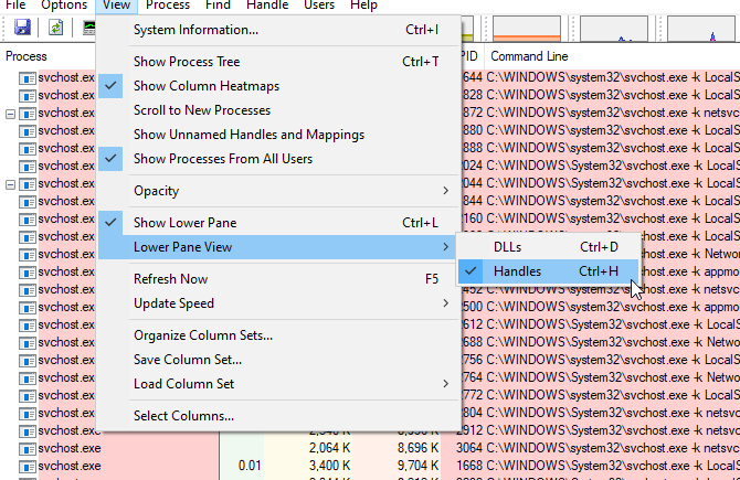 Figure-4 – Enabling handles view in Process Explorer