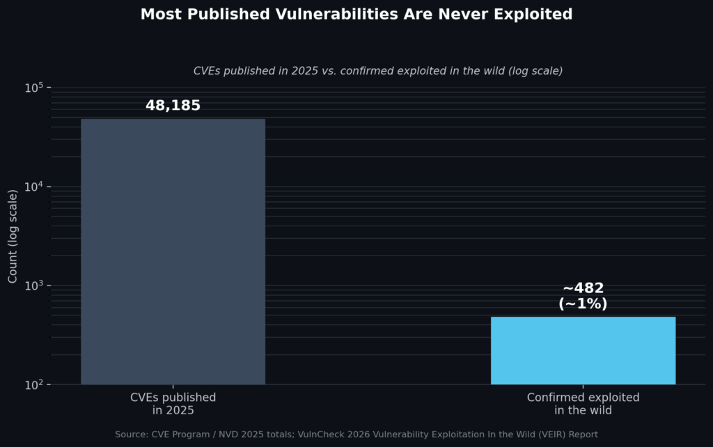 CVEs published in 2025 versus confirmed exploitation in the wild (log scale).